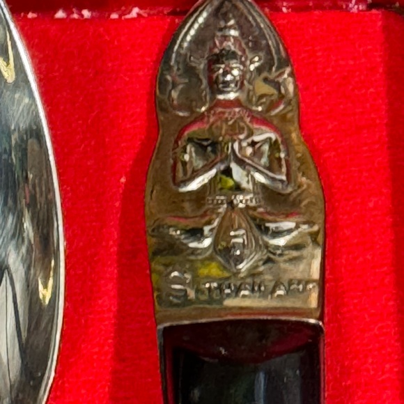 VTG Thailand Salad Serving Spoon Fork Bronze Gold Black 10” Meditating Figures - Picture 3 of 9
